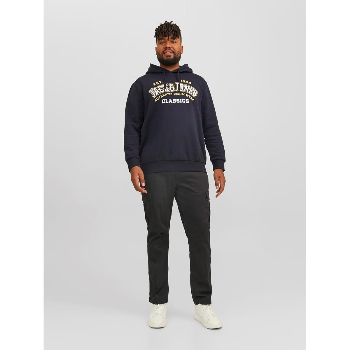 Duża męska bluza wkładana przez głowę z kapturem napisy Jack &amp; Jones 12236803 granatowo-żółta