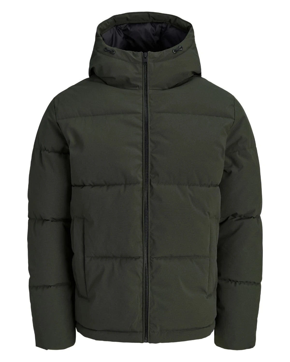 Duża męska kurtka jesienno-zimowa pikowana z kapturem Jack &amp; Jones 12303958 ciemnozielona – zdjęcie 1