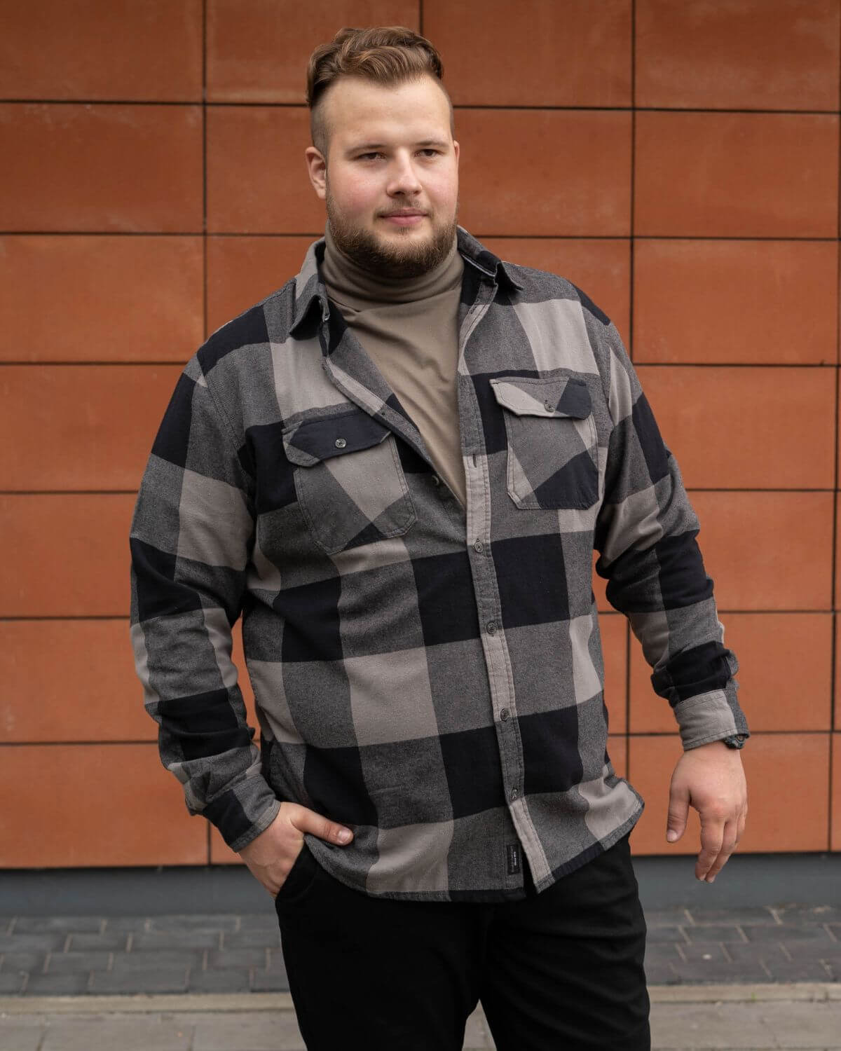 Pánská velká kostkovaná košile s dlouhým rukávem Double Urban Outfitters GS-5122 šedo-černá