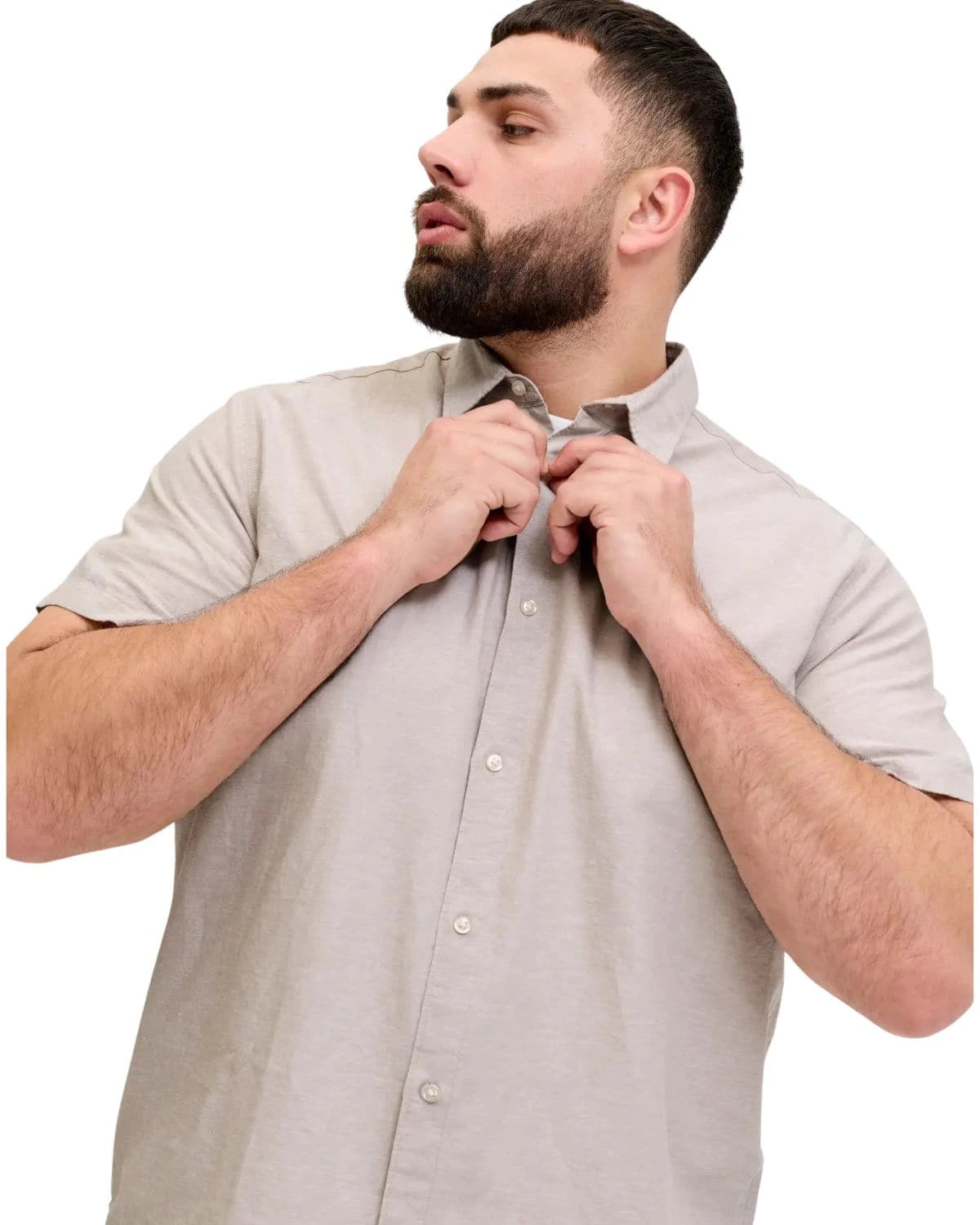 Velká pánská košile s lnem, krátký rukáv Jack &amp; Jones 12294285 béžová