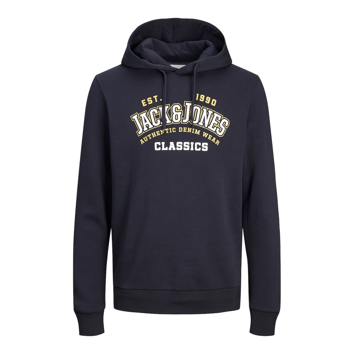 Duża męska bluza wkładana przez głowę z kapturem napisy Jack &amp; Jones 12236803 granatowo-żółta