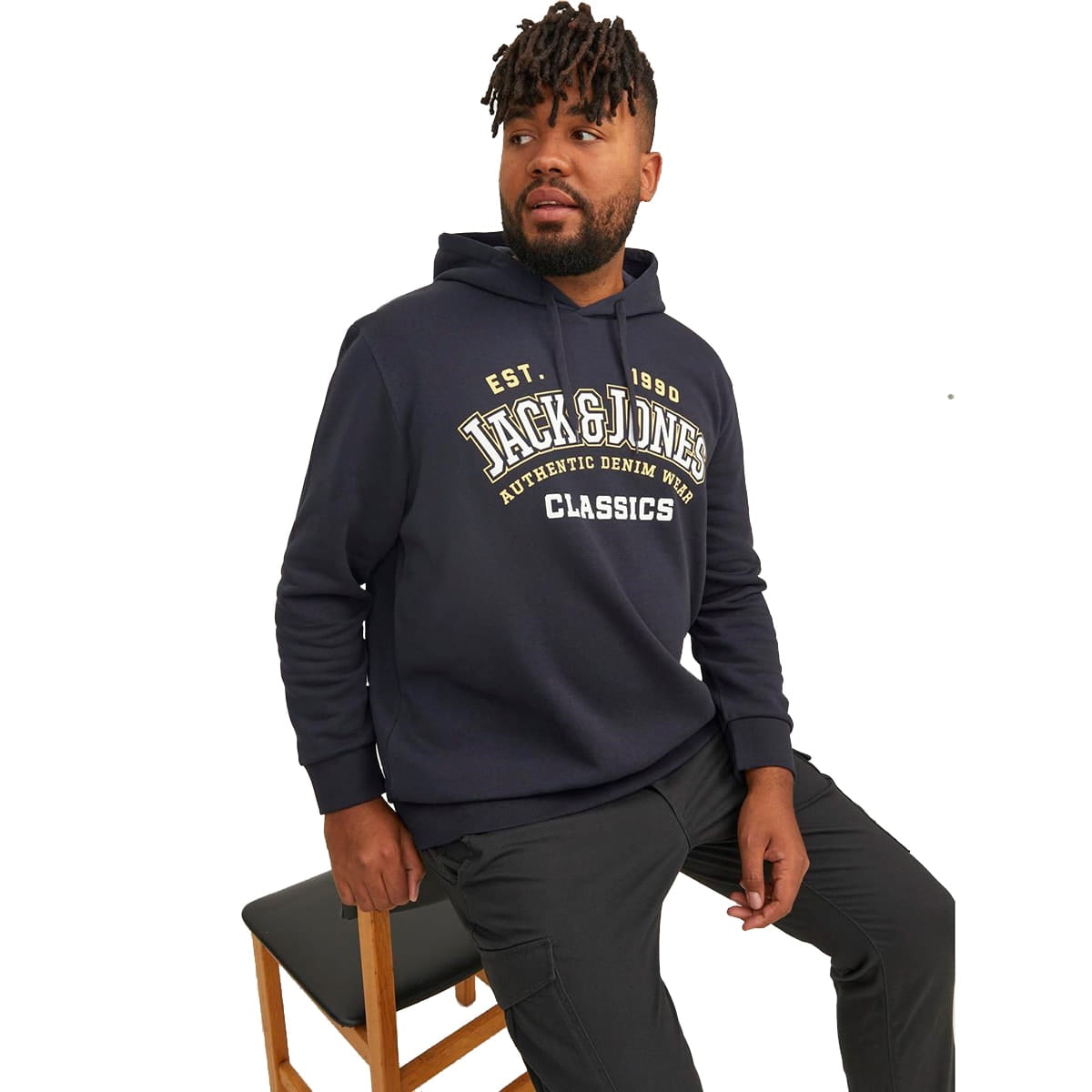 Duża męska bluza wkładana przez głowę z kapturem napisy Jack &amp; Jones 12236803 granatowo-żółta