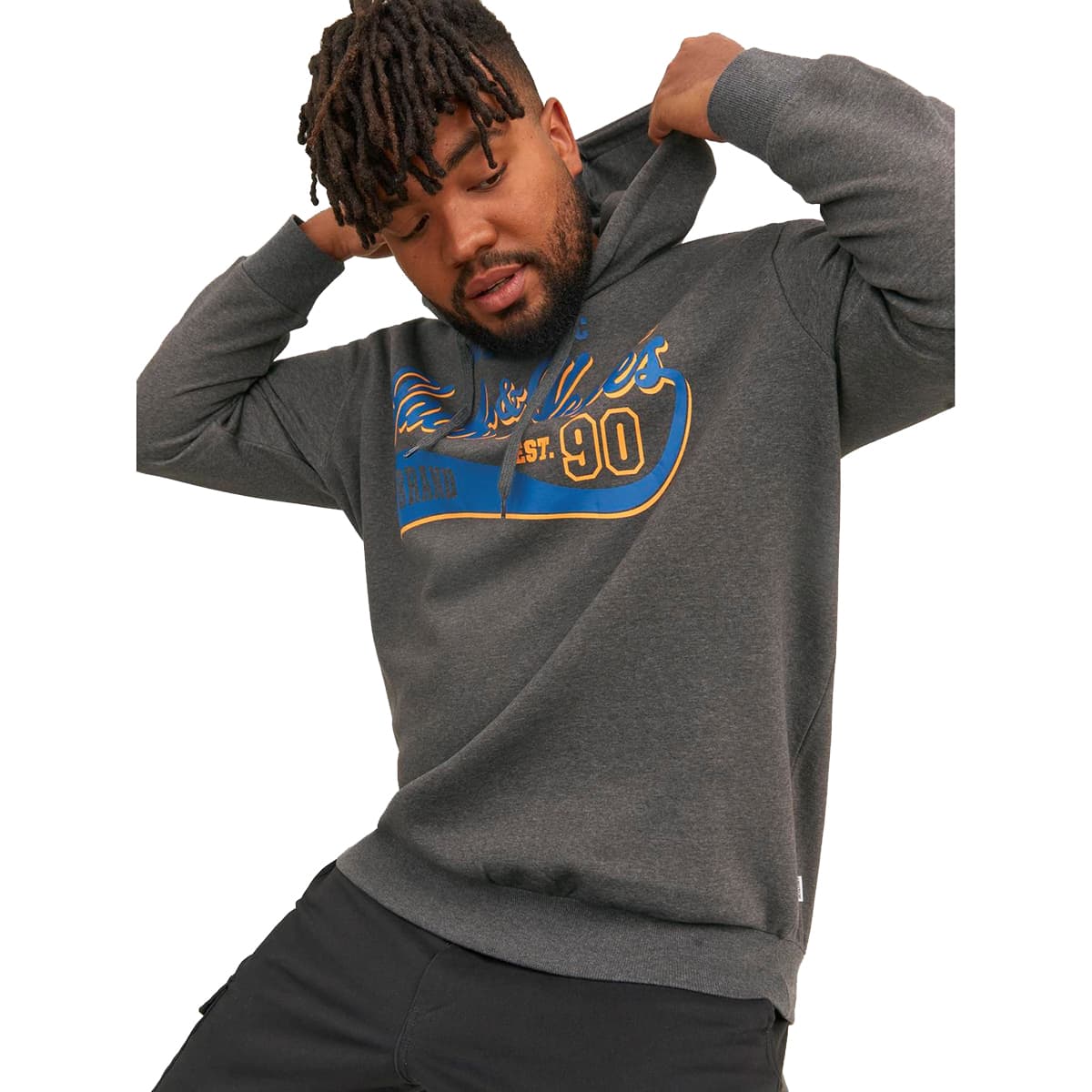 Duża męska bluza wkładana przez głowę z kapturem napisy Jack &amp; Jones 12236803 ciemnoszara