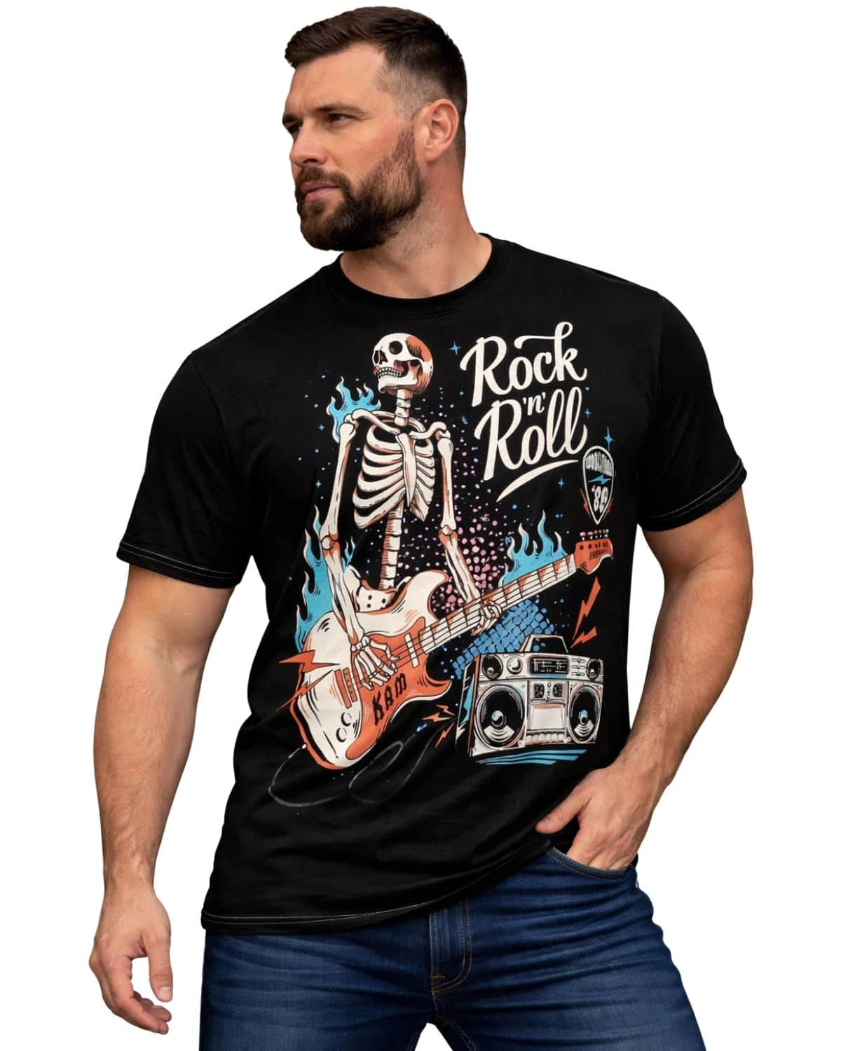 Duży męski t-shirt z efektownym nadrukiem koszulka Rock n Roll Kam 5791 czarna
