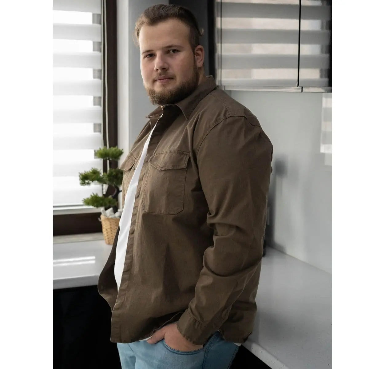 Duża męska koszula z długim rękawem Double Urban Outfitters GS-5118 brązowa