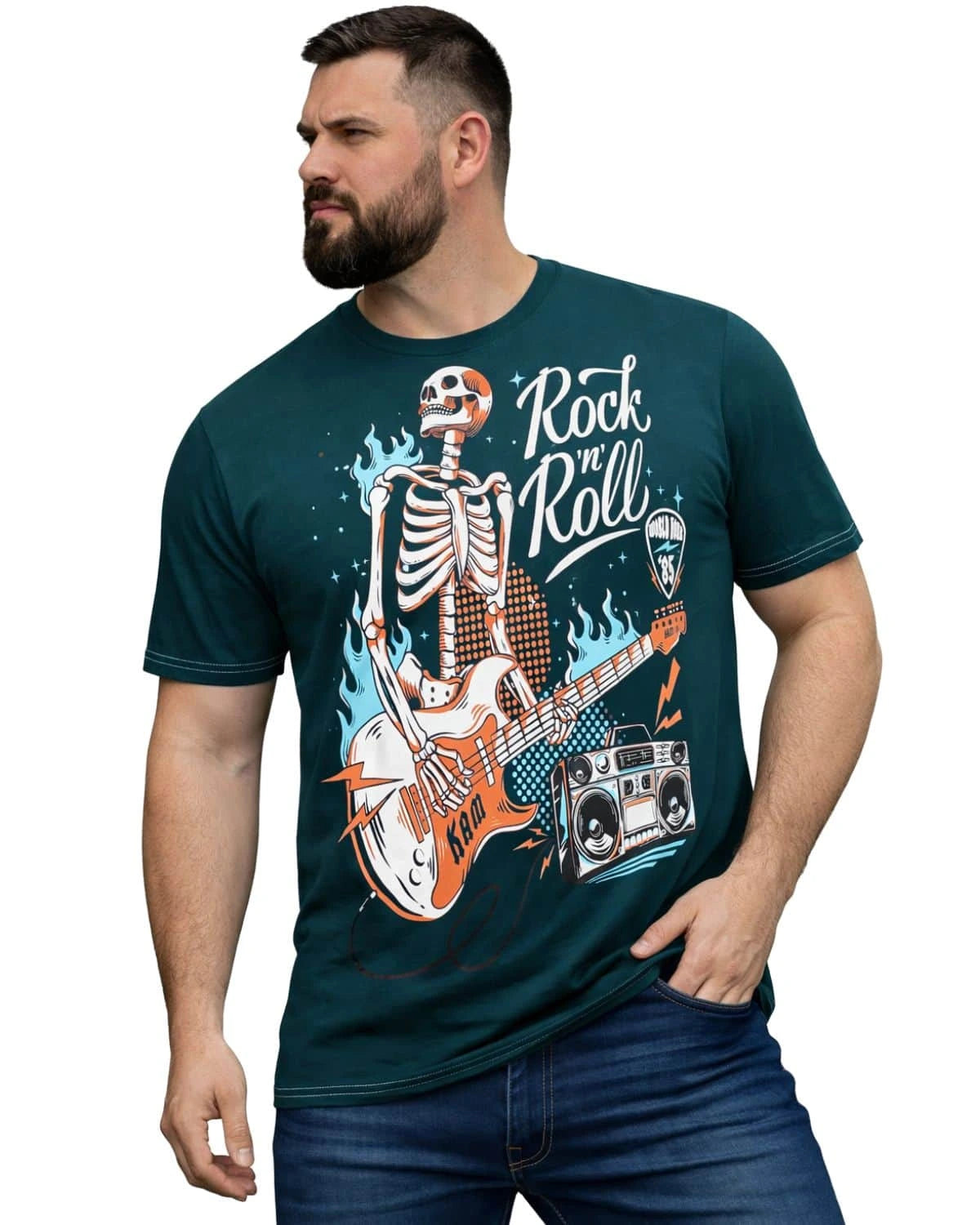 Duży męski t-shirt z efektownym nadrukiem koszulka Rock n Roll Kam 5791 morska
