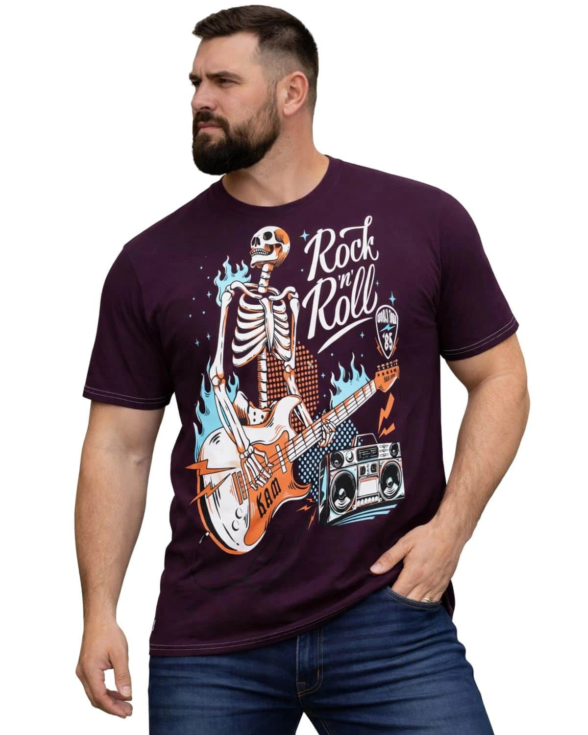 Duży męski t-shirt z efektownym nadrukiem koszulka Rock n Roll Kam 5791 bordowa
