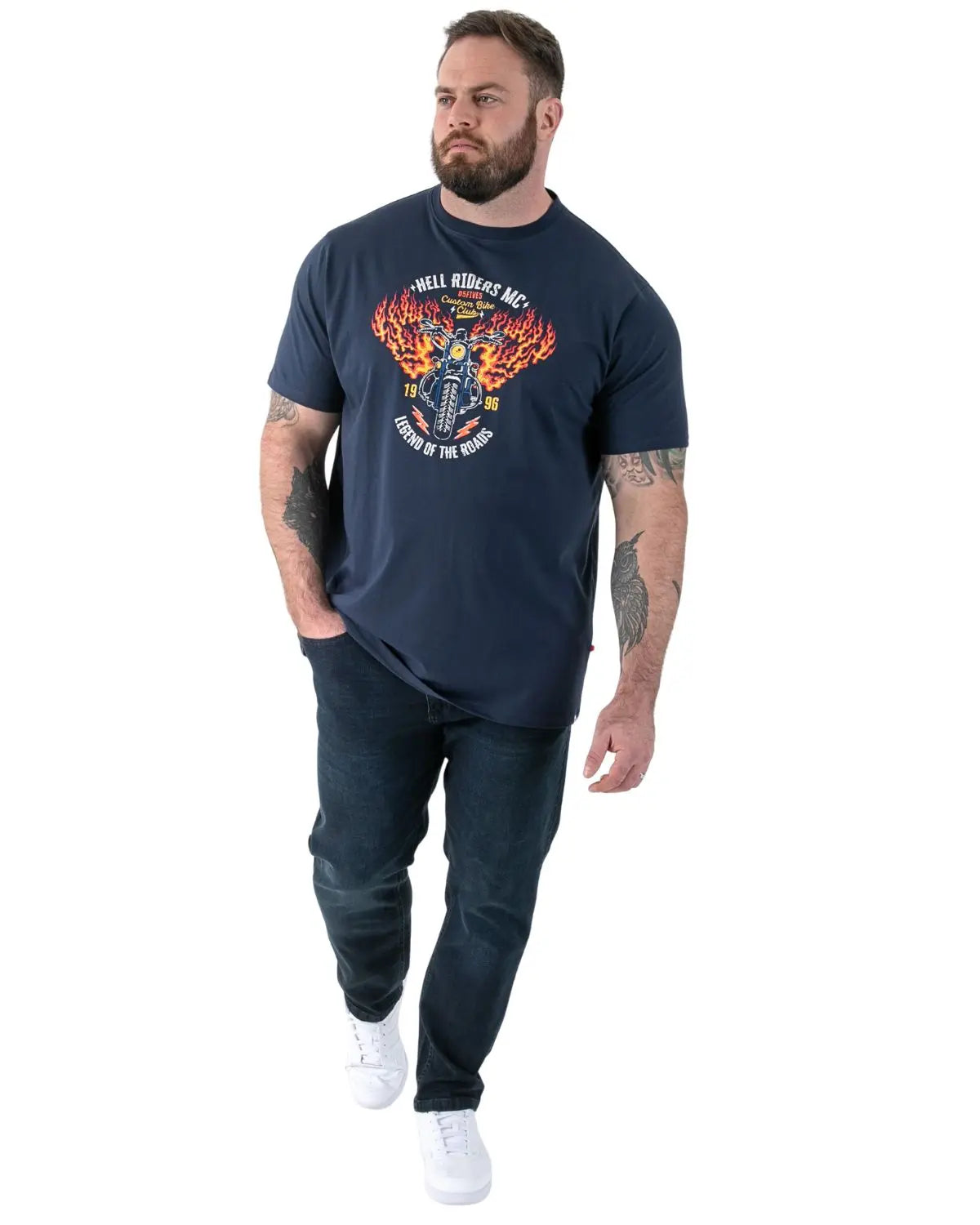 Duży męski t-shirt z nadrukiem motocyklu Hockney Duke D555 granatowy