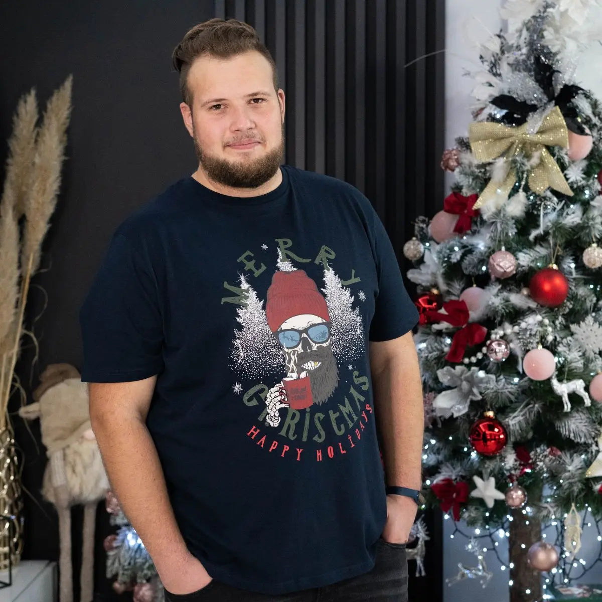 Duża męska świąteczna koszulka t-shirt  z nadrukiem Jack &amp; Jones 12285536 granatowy