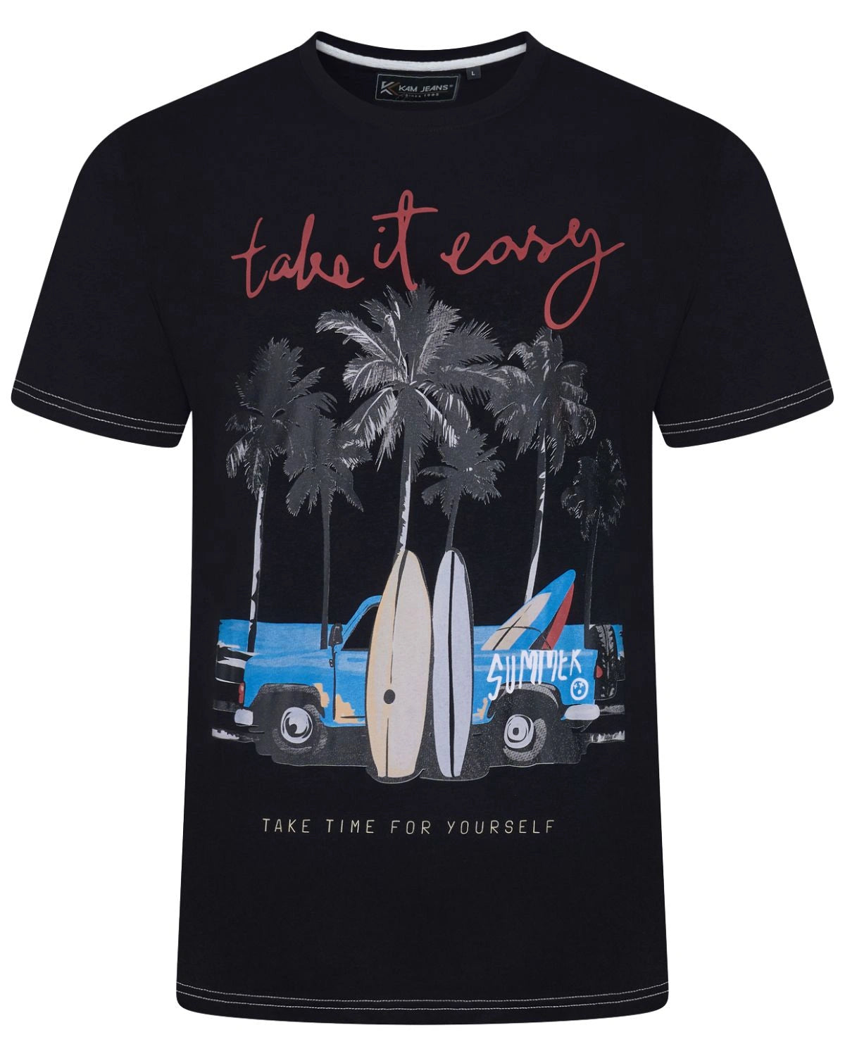 Duża męska koszulka t-shirt z wakacyjnym nadrukiem Kam 5804 czarny