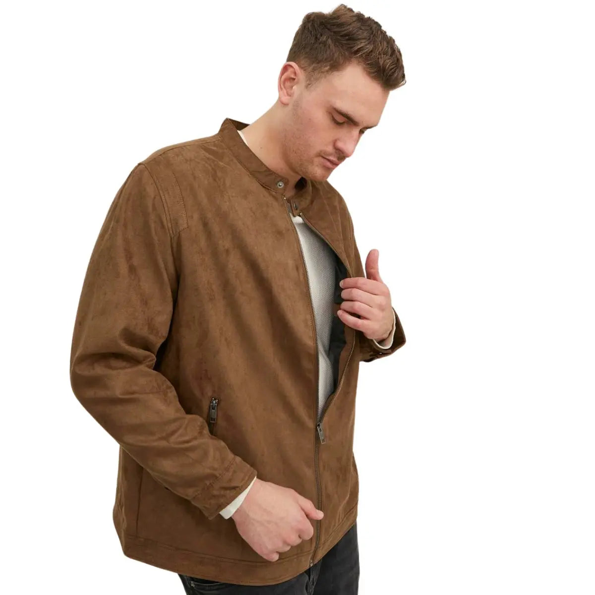 Velká pánská semišová bunda Jack &amp; Jones 12230055 hnědá s kapsami na zip