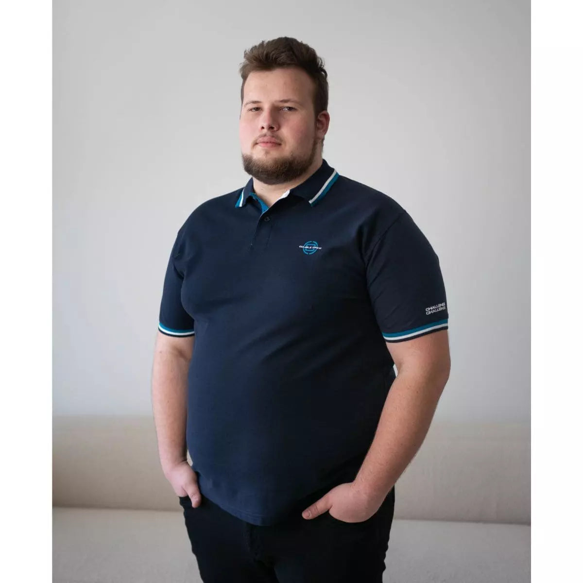 Duża męska koszulka polo gładka ozdobny kołnierzyk Double PS-3043 granatowa