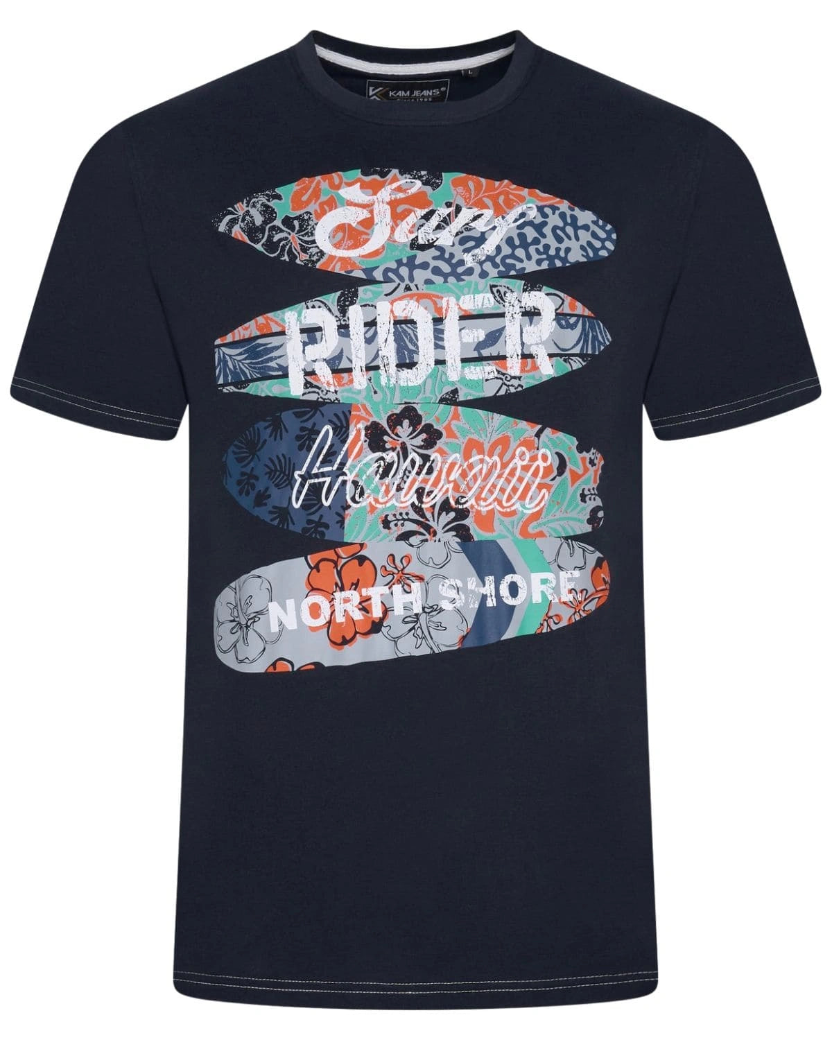 Duża męska koszulka t-shirt z wakacyjnym nadrukiem Kam 5803 granatowy