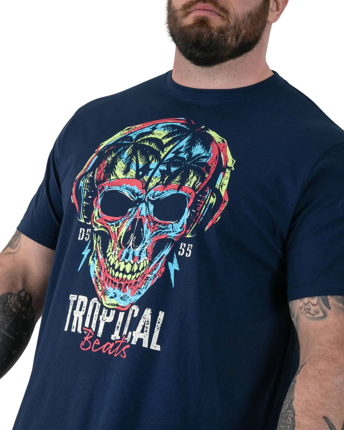 Duży męski t-shirt z efektownym nadrukiem czaszki Linton Duke D555 granatowy