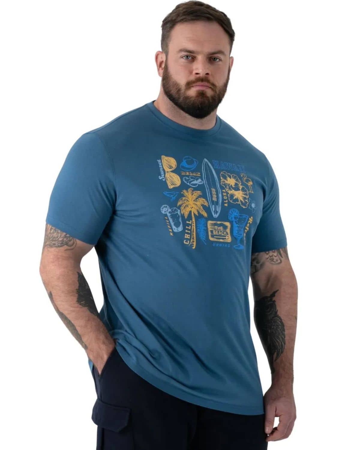 Duży męski t-shirt z wakacyjnym nadrukiem Hovell Duke D555 morski