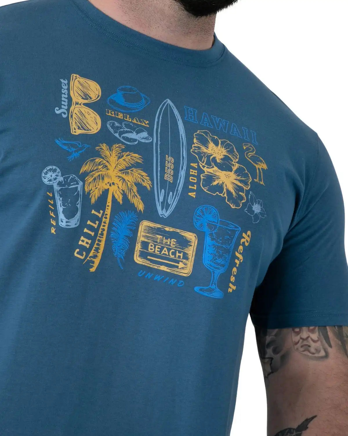 Duży męski t-shirt z wakacyjnym nadrukiem Hovell Duke D555 morski