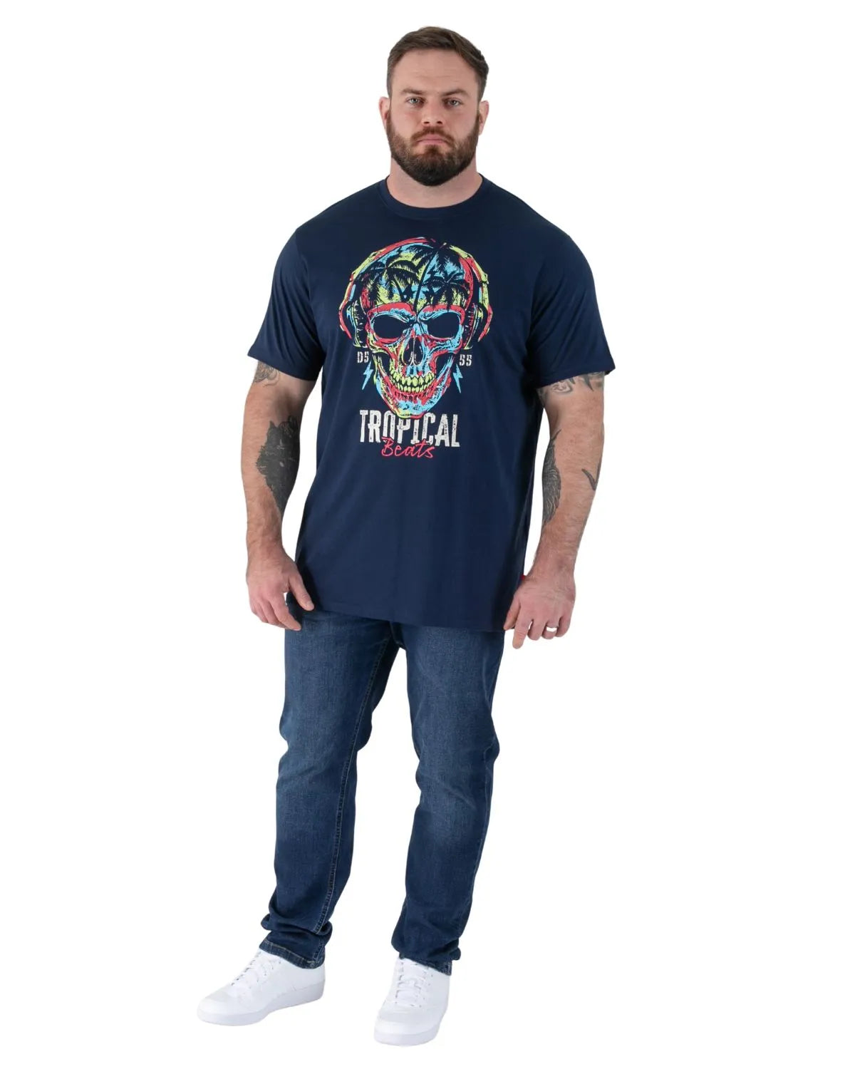 Duży męski t-shirt z efektownym nadrukiem czaszki Linton Duke D555 granatowy