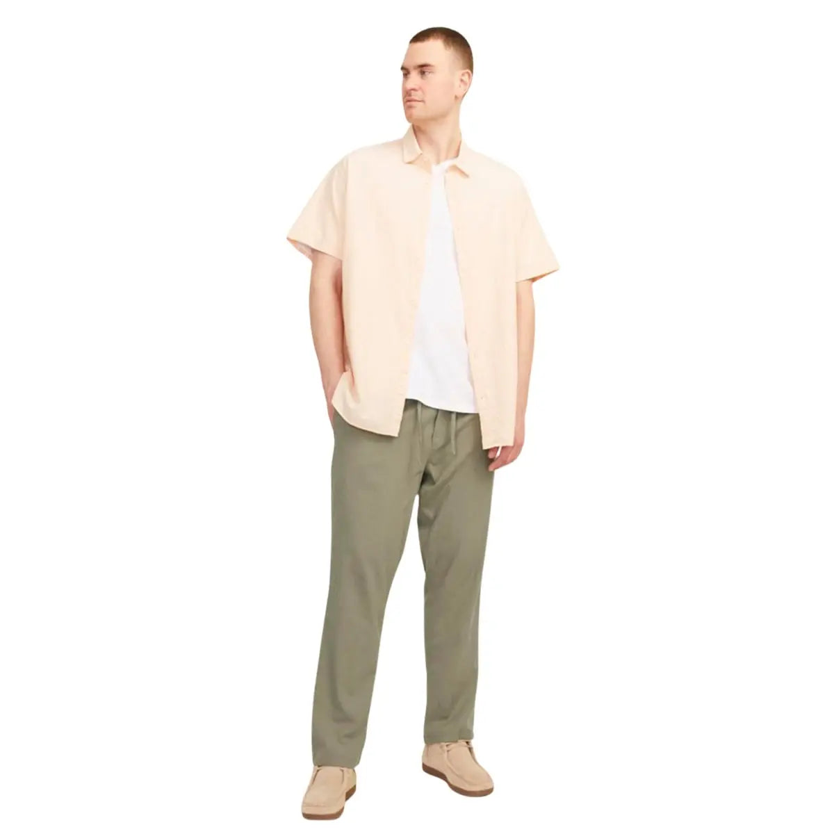 Duże męskie spodnie materialne z lnem,  gumką i sznurkami w pasie Jack &amp; Jones 12239548 khaki