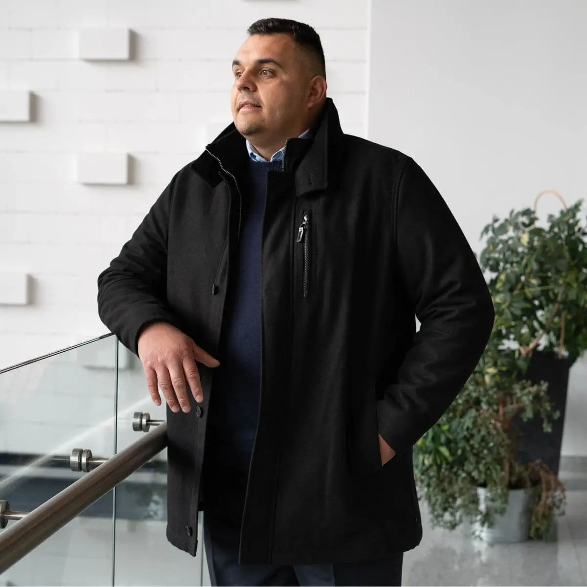 Velký pánský kabát na knoflíky a zip Redpoint GILL 74314-7716-000-120 černý