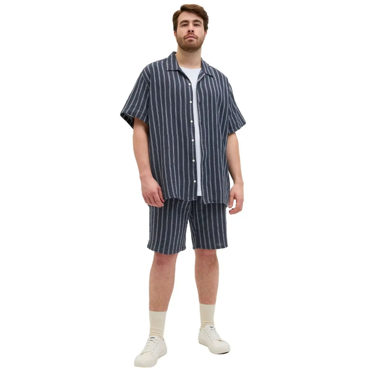 Duże męskie wygodne  lekkie spodenki w paski na gumie Jack &amp; Jones 12279651 granatowe