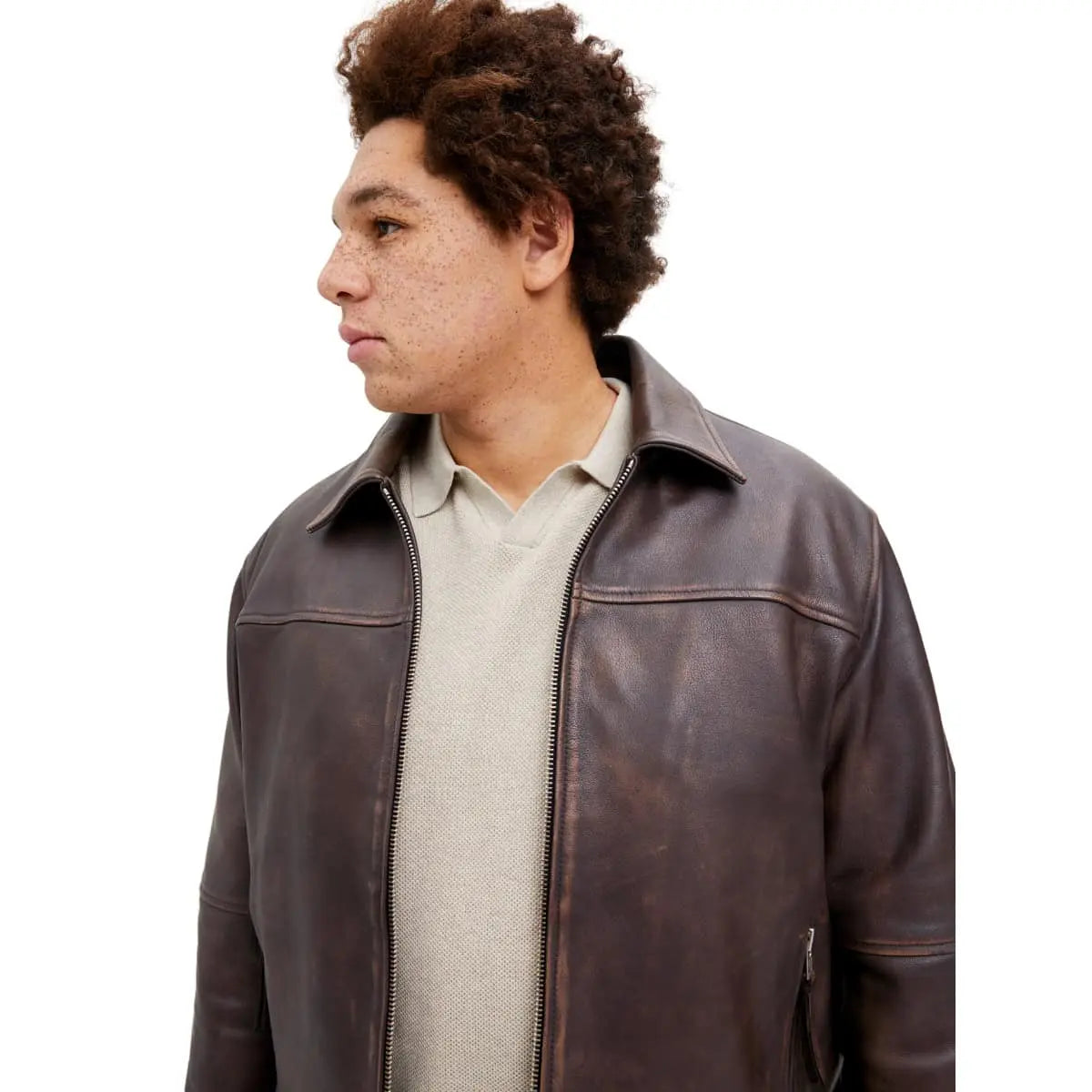 Velká pánská kožená bunda typu ramoneska Jack &amp; Jones 12285027 hnědá