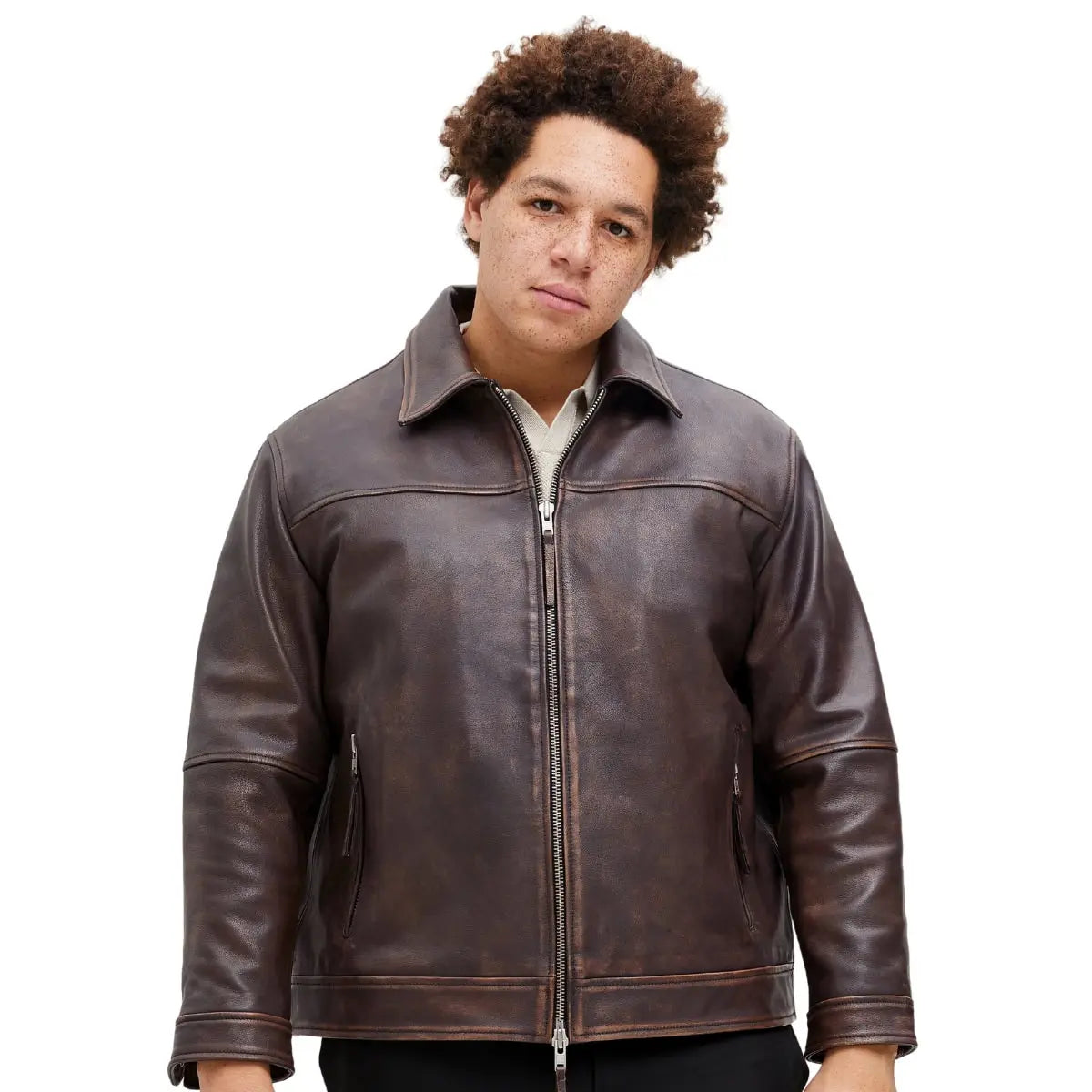 Velká pánská kožená bunda typu ramoneska Jack &amp; Jones 12285027 hnědá