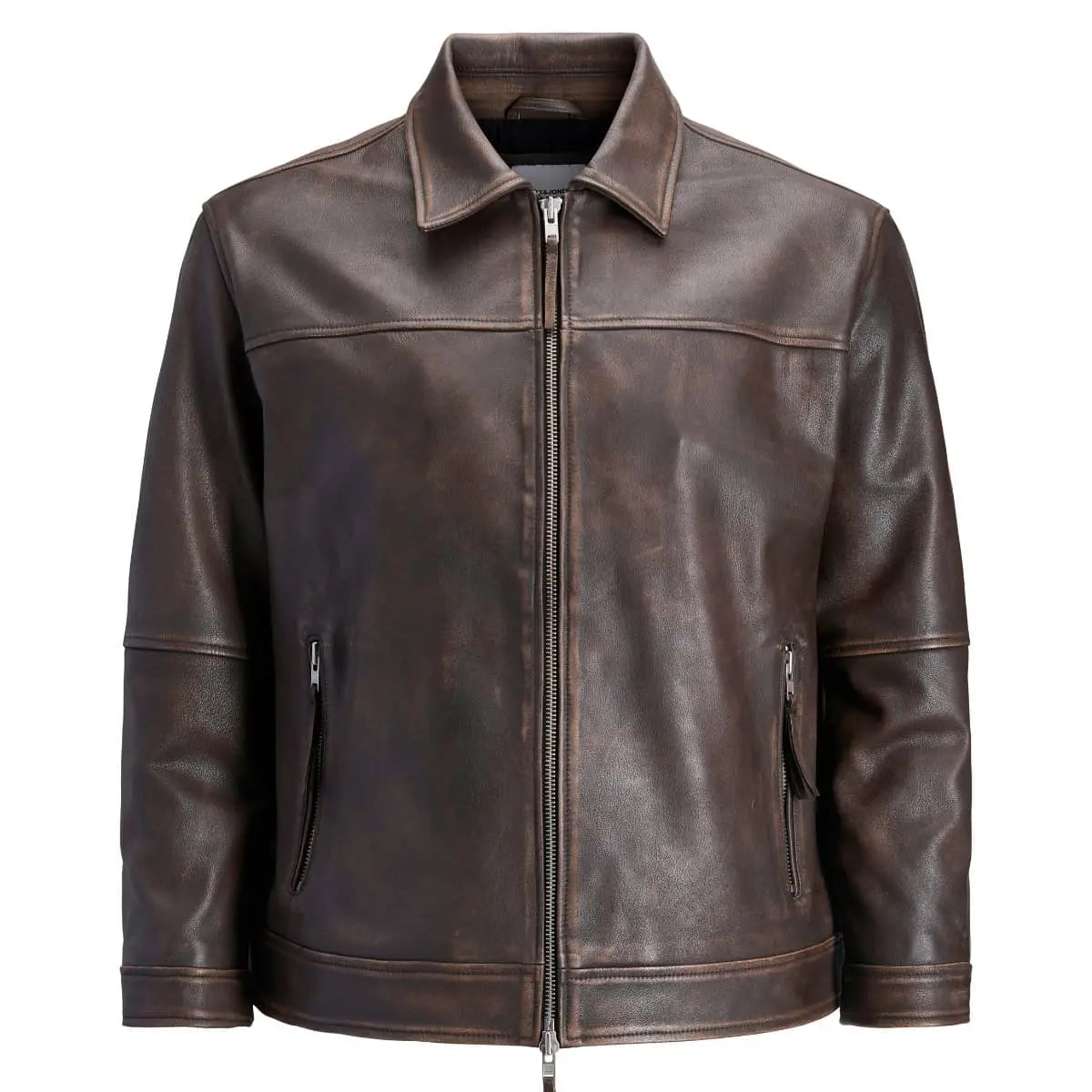Velká pánská kožená bunda typu ramoneska Jack &amp; Jones 12285027 hnědá