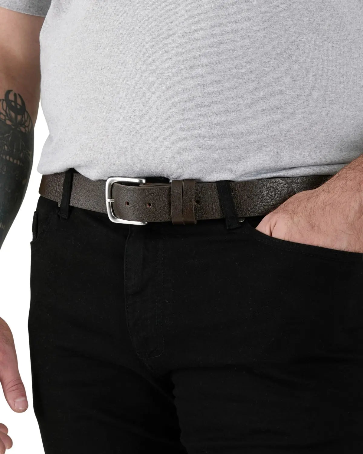 Duży męski pasek ze srebrną klamrą 3,7cm Liam Duke D555 brązowy