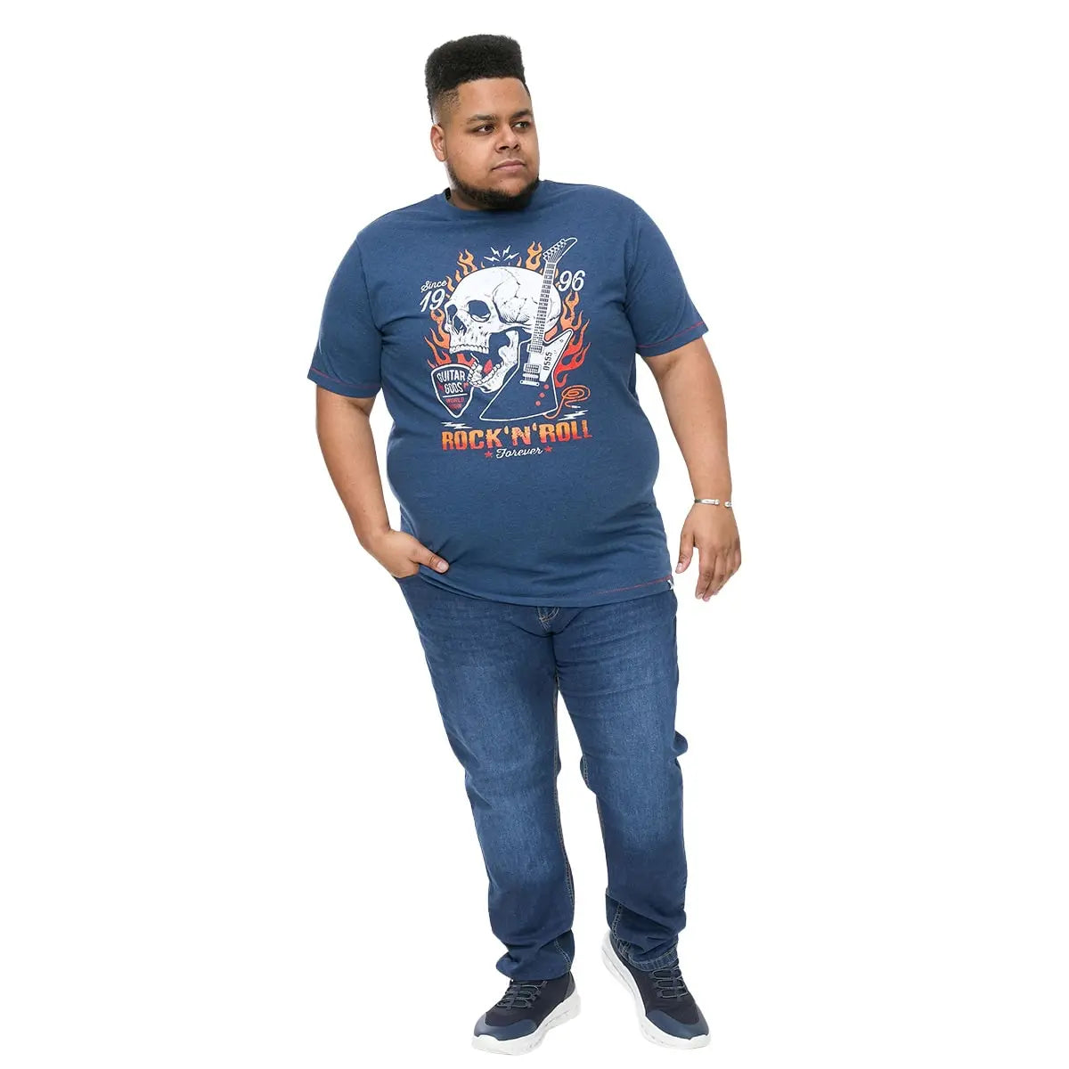 Duża męska koszulka t-shirt z nadrukiem gitary i czaszki Duke D555 Neal granatowy