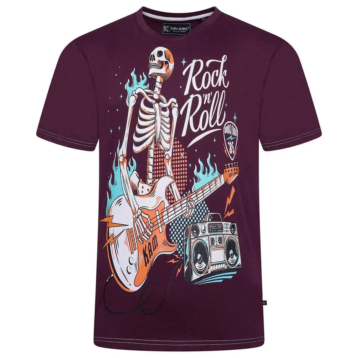 Duży męski t-shirt z efektownym nadrukiem koszulka Rock n Roll Kam 5791 bordowa