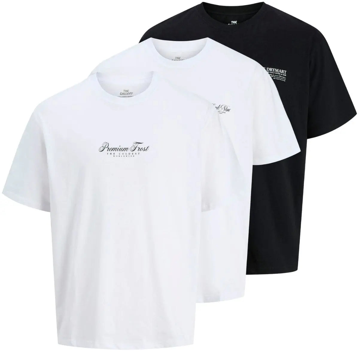 Duże męskie t-shirty koszulki z dużym nadrukiem na plecach 3 sztuki Jack &amp; Jones 12285056 czarna/biała/biała