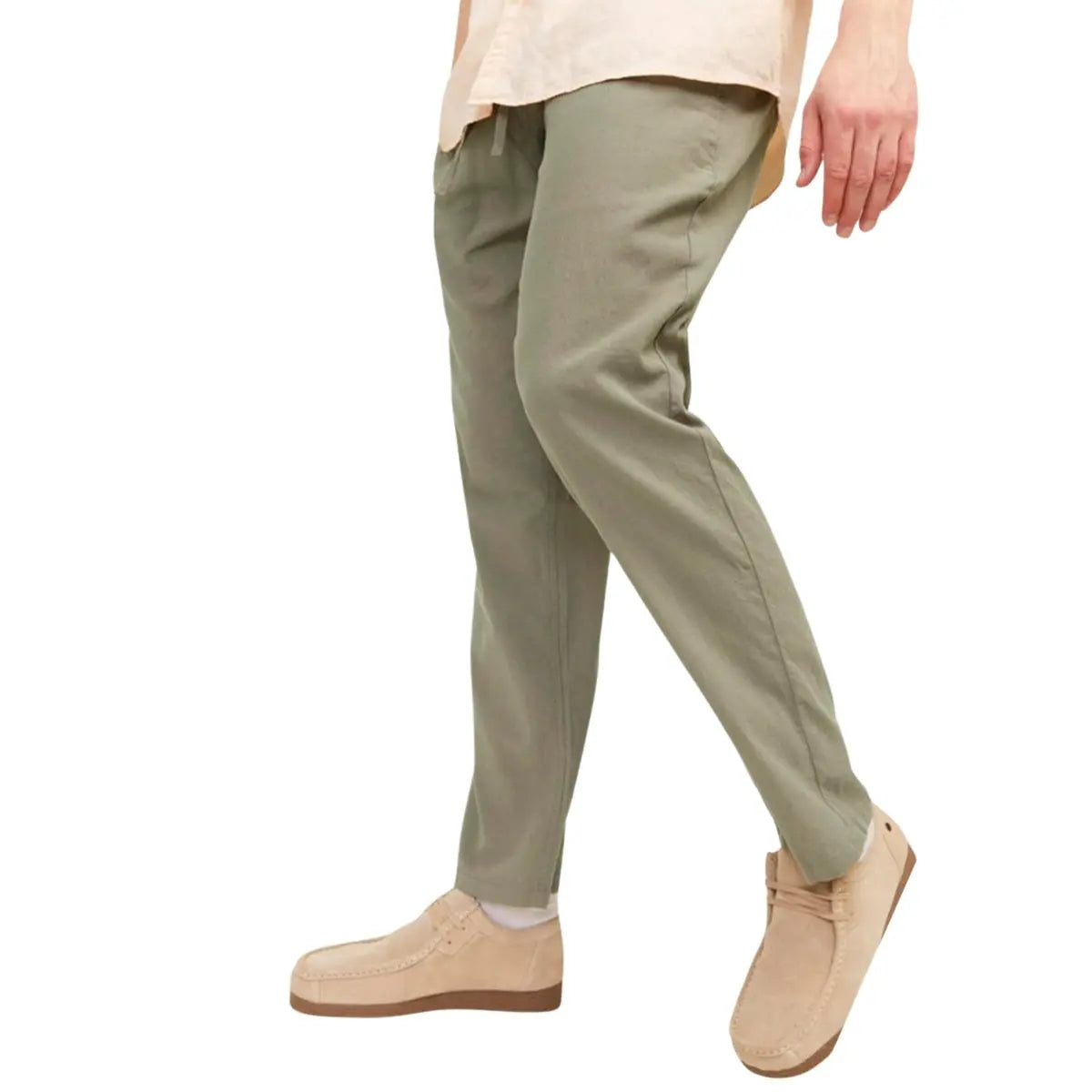 Duże męskie spodnie materialne z lnem,  gumką i sznurkami w pasie Jack &amp; Jones 12239548 khaki