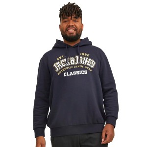 Pánská velká mikina přes hlavu s kapucí Jack & Jones s nápisem 12236803 v tmavě modré a žluté barvě.