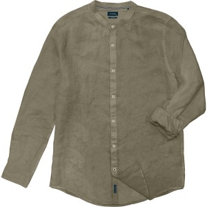 Velká pánská košile z lnu s dlouhým rukávem a stojáčkem Double GS-5083 khaki