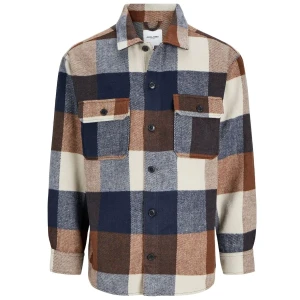 Velká pánská flanelová košile s dlouhým rukávem v kostce Jack & Jones 12263999 tmavě modro-hnědá