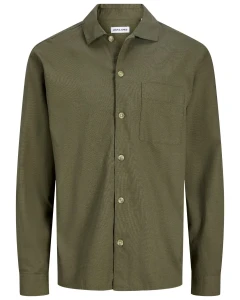 Pánská velká košile s dlouhým rukávem hladká s lnem Jack & Jones 12289111 khaki