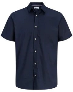 Velká pánská jednobarevná košile s krátkým rukávem Jack & Jones 12289572 tmavě modrá