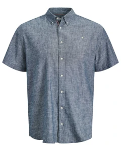 Velká pánská jednobarevná košile s příměsí lnu krátký rukáv Jack & Jones 12302364 tmavě modrá