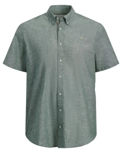Velká pánská jednobarevná košile s příměsí lnu krátký rukáv Jack & Jones 12302364 zelená