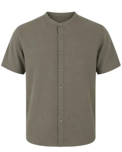 Velká pánská košile s příměsí lnu krátký rukáv stojáček Double GS-5194 khaki